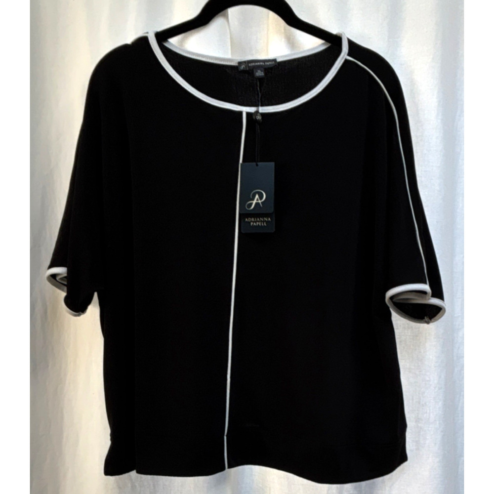 Adrianna Papell Kimono Sleeve Knit Top Contrasting Trim Black Ivory XL Women NWT